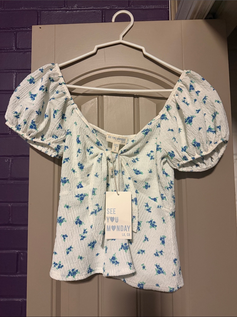 See You Monday White Puff Sleeve Top with Blue Floral Print